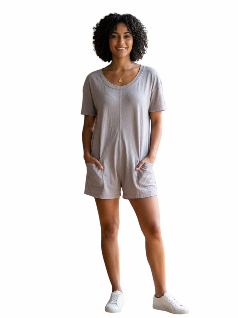 Gray Short Sleeve Romper with Pockets